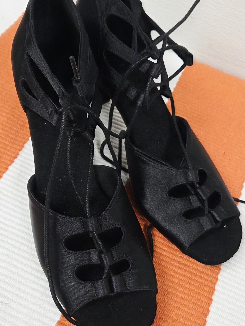 Ballroom Salsa Black Satin Lace-Up Dance Heels 9 - Picture 9 of 12